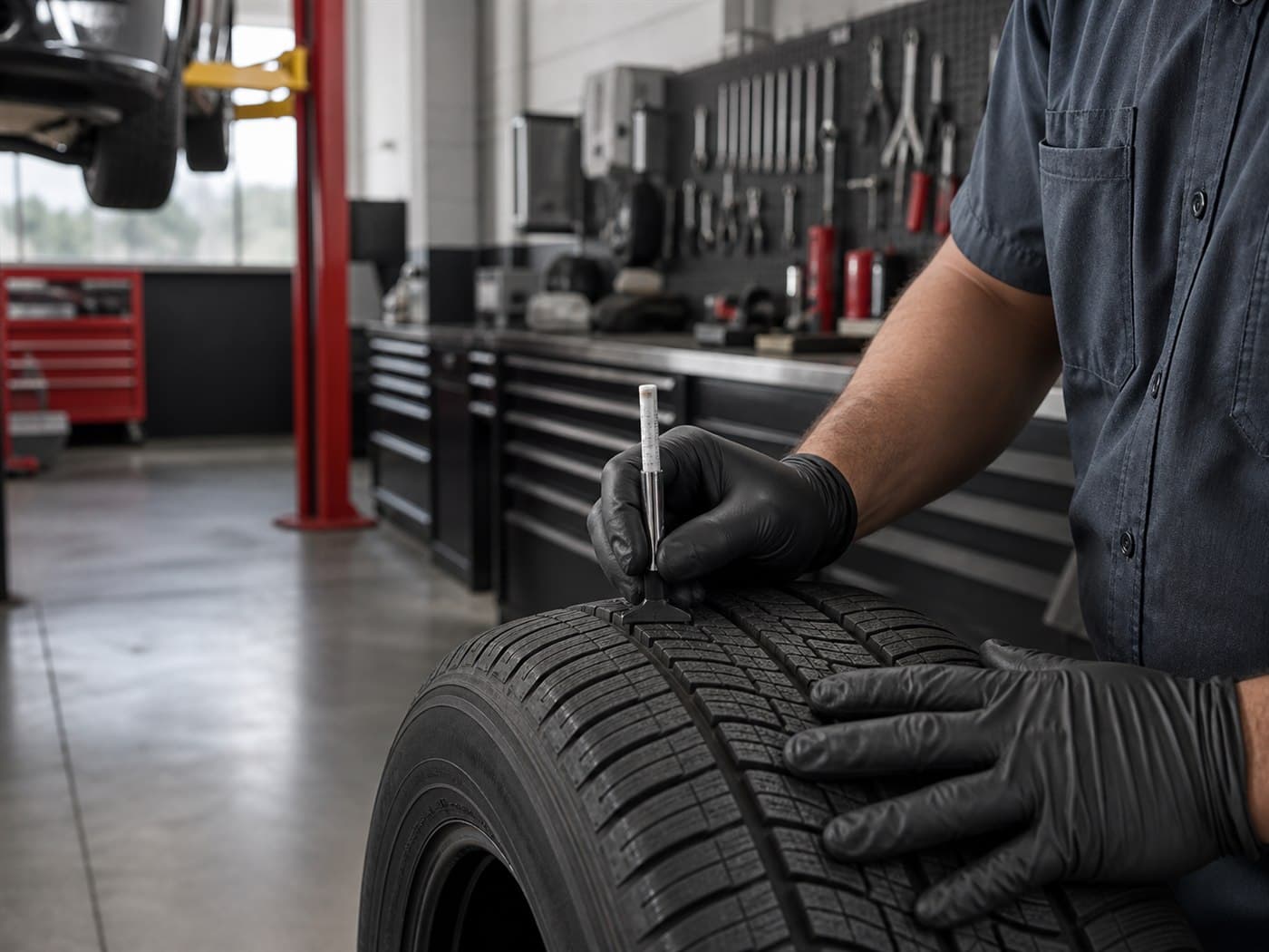 Technician inspecting tire tread in a clean service bay